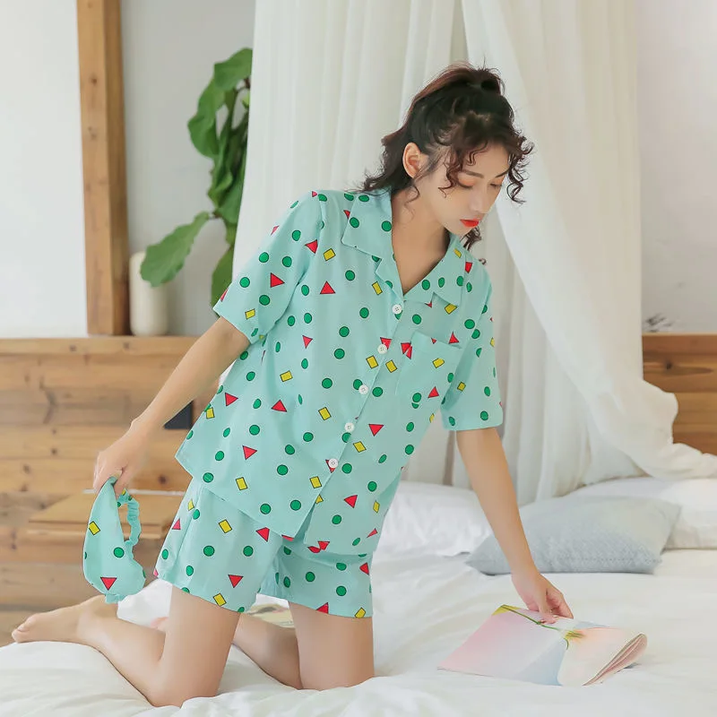 Short Sleeve Pajamas Set for Women Cotton Sleepwear 2Pcs Nightwear Cute Print Homewear Summer Lounge Pyjamas