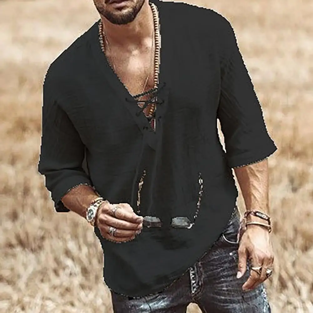 

Men Solid Color Half Sleeve Oversized T-shirt V Neck Hollow Out Plus size Cotton Linen T-shirt Blouse Top Men's T-shirt Top