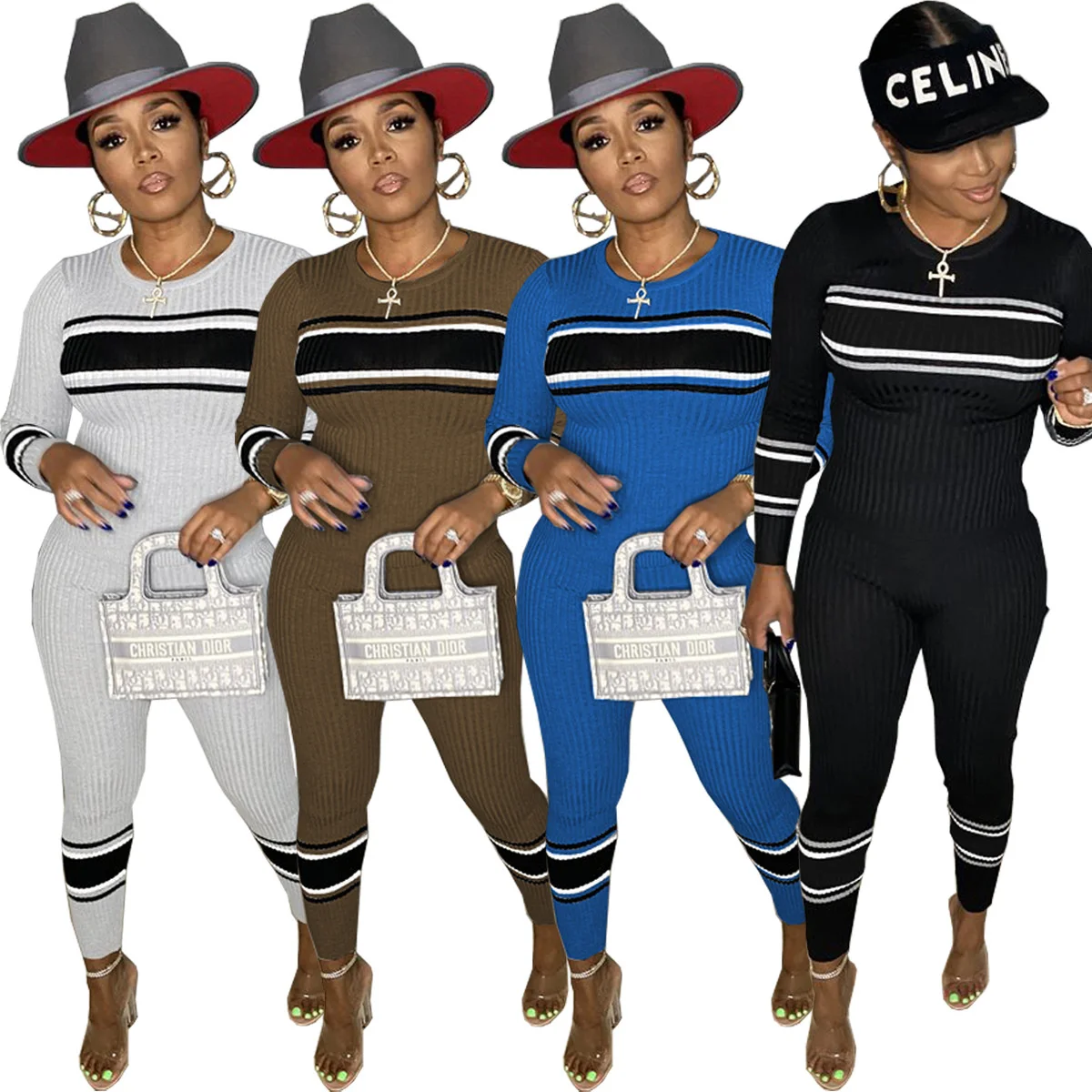 

Zoctuo Stitching Women's Knitted Suits Long Sleeve Stretchy Pullover Tops and Skinny Sheath Slim Legging Loungewear 2 Pcs Sets