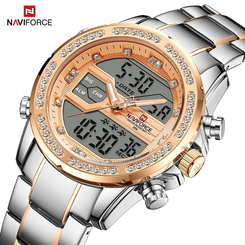 

NAVIFORCE Luxury Fashion Rose Gold Diamond Sport Watch for Men Top Brand Luxury Analog Digital Dual Display Wristwatch Waterproo