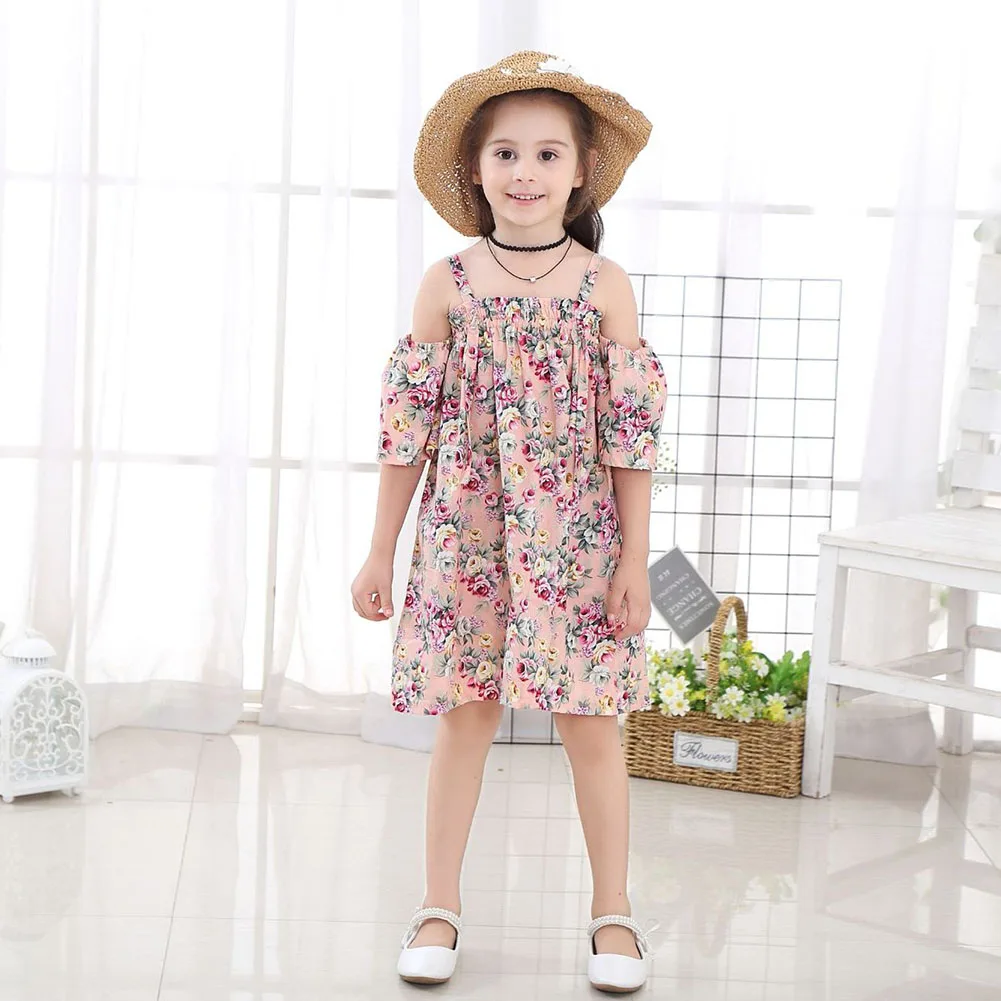 

Kids Girls Floral Dress Strappy Off Shoulder Loose Breathable Dress for Summer YH-17