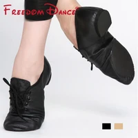 quality pig leather lace up jazz dance shoes soft ballet dance shoes yoga sneakers black tan colors men women training shoes