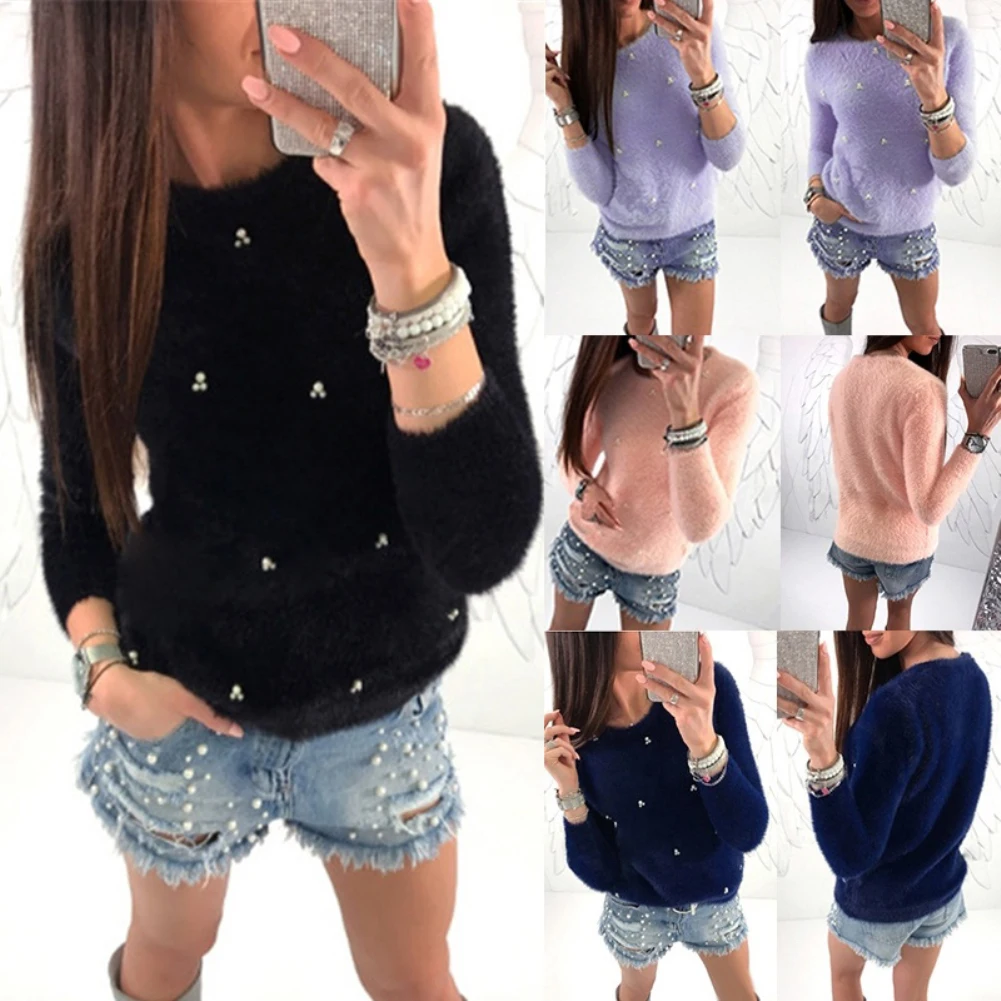 

Autumn Winter Women Hoodies Top Warm Long Sleeve Sweatshirts Faux Pearl Beading Solid Color Plush Loose Pullover Hooded Tops