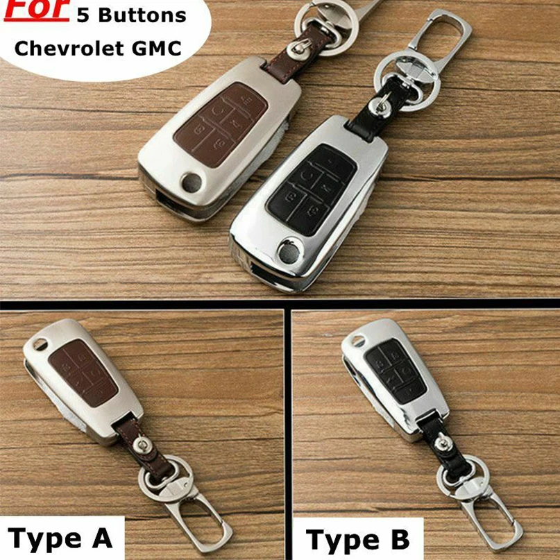 

New Alloy+Leather 5 Buttons Flip Remote Key Cover Holder Fob For Chevrolet GMC