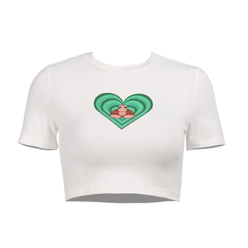 

Beyouare Casual Sweet Women T Shirt Summer Love Print O Neck Short Sleeve Super-Short Top White Sexy Streetwear Club Party Tees