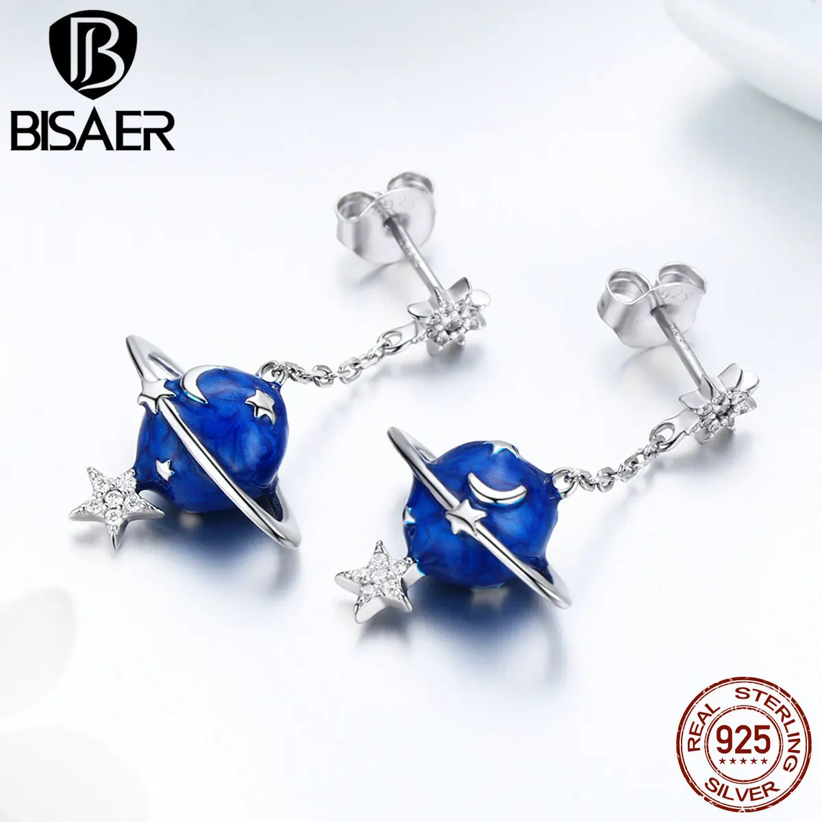 BISAER, 925 пробы, серебряная, синяя эмаль, планета, галактика, звезда, длинные висячие серьги, серебряные, модные ювелирные изделия, подарки для женщин GAE016