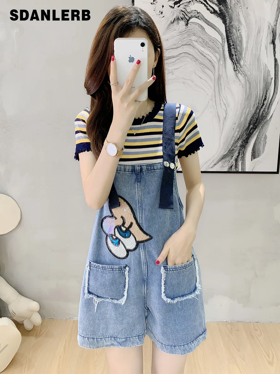 

Женский джинсовый костюм на бретелях, трикотажная футболка с коротким рукавом и свободные шорты в полоску, повседневный костюм, лето 2021