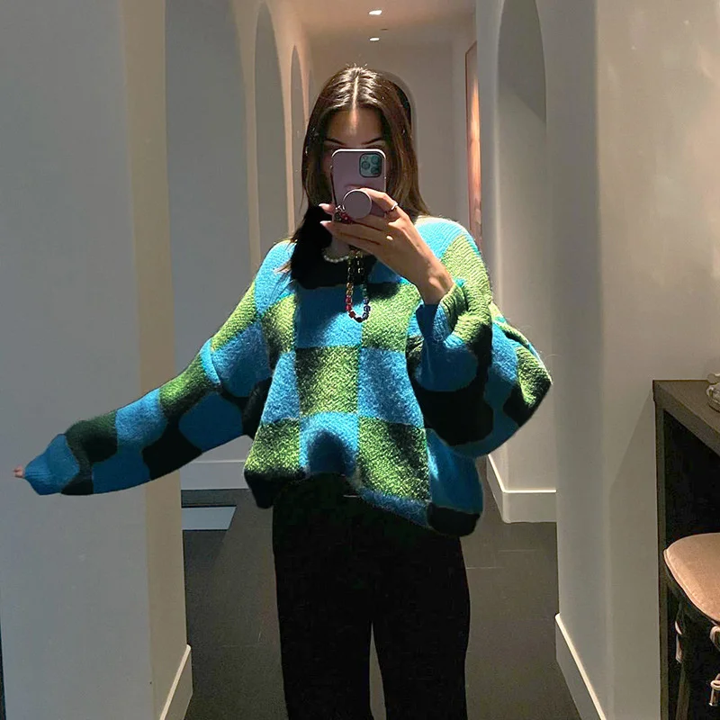 

Casual Women Pullover Sweater 2021 Autumn O-neck Knitting Loose Splicing Street Sweaters Fashion Regular Sleeve Pullover