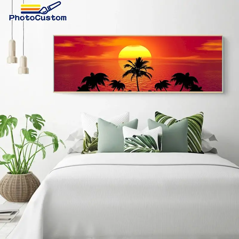 

PhotoCustom Frame DIY Painting By Numbers Coconut tree Sunset Acrylic Coloring By Numbers Paint On Canvas Hand Painted