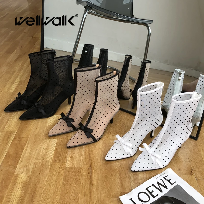Polka Dot Heel Shoes Women Ankle Boots Female Lace Short Kitten With Luxury Brand Bow Style Dress Pointed Toe | Обувь
