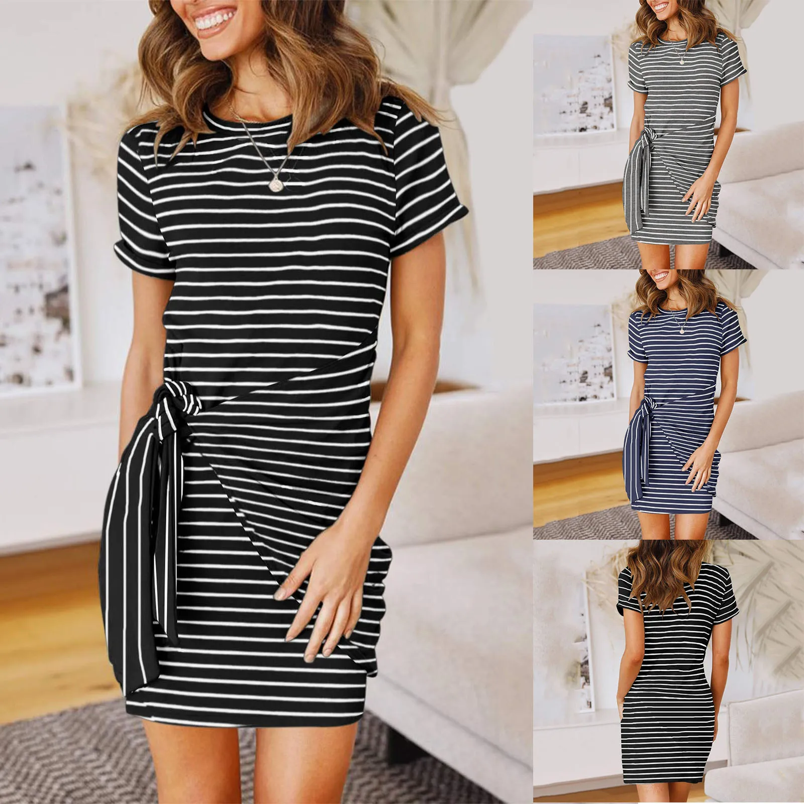 

Ladies Dress Casual Striped Short-sleeved Sexy Tight-fitting Dress O Neck Knot Sashes Plus Size Dresses Summer Vestido De Mujer