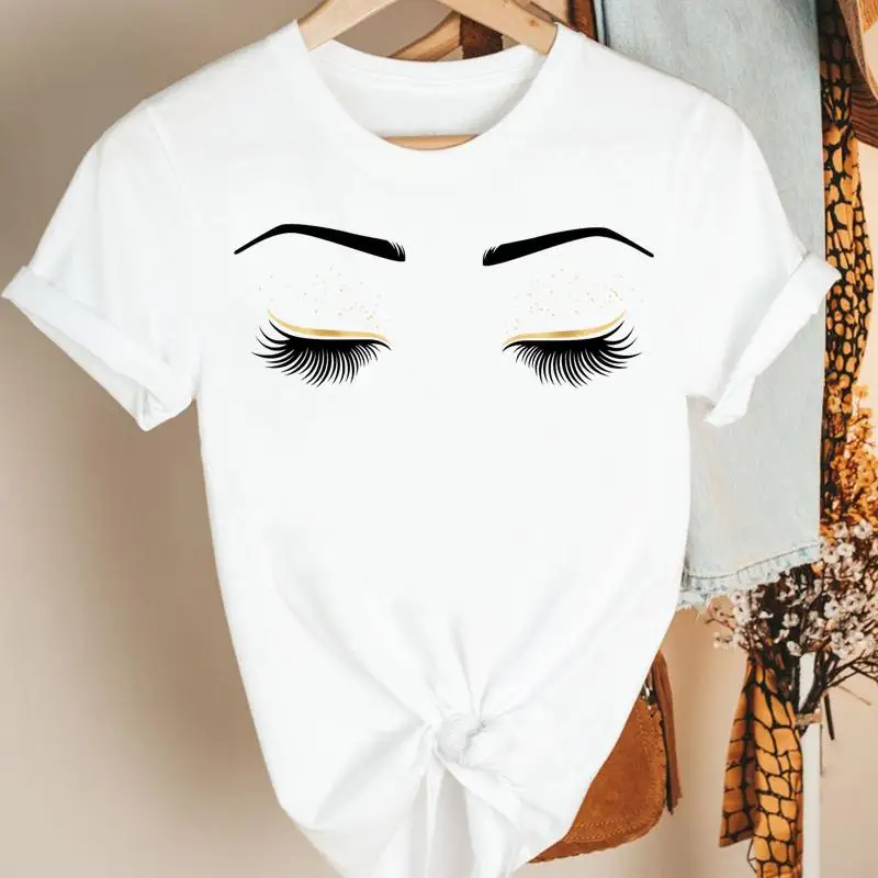 

Женская одежда, привлекательная женская Пляжная футболка в стиле 90-х с изображением ресниц, летняя футболка с коротким рукавом, женская фут...