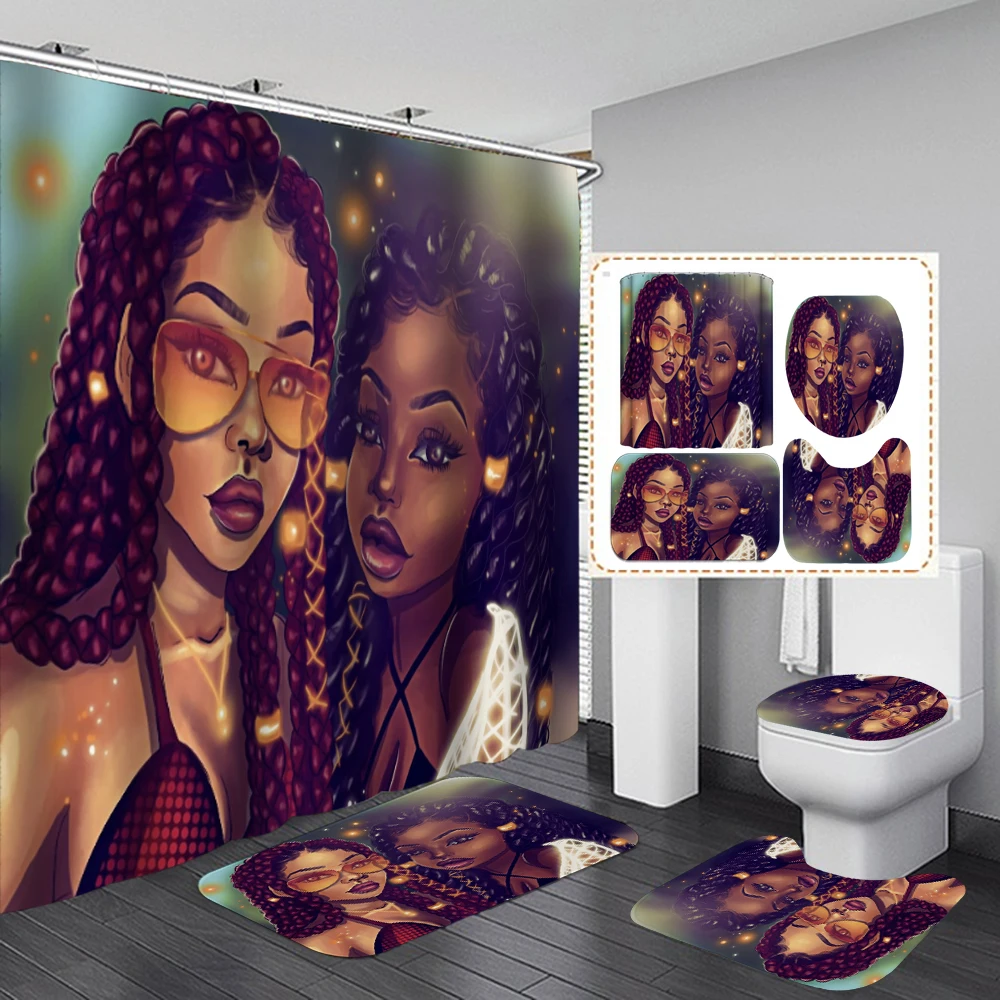 Afro Girl Women Bathroom Set African Sexy Mother and Daughter Shower Curtain Bath Curtains Set Non-slip Mat Toilet Pad Carpet