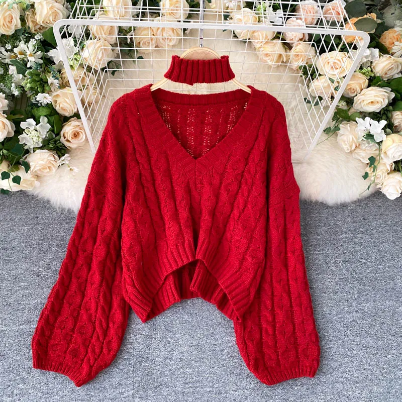 

Spring/Autumn 2021 New Sweater Women's Fashion Loose Bubble Sleeve Sexy V-neck Retro Twist Short Knit Women Tops High Quality