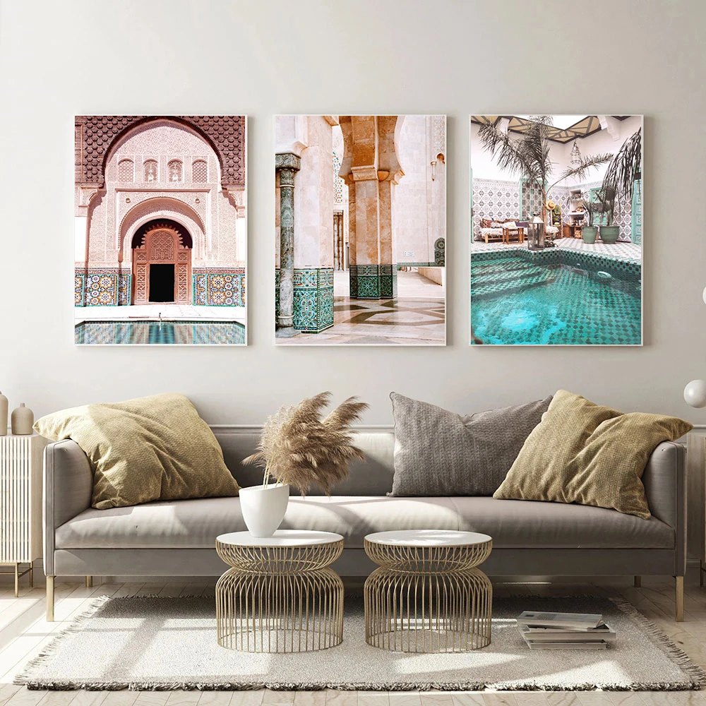 

Poster Moroccan Arch Islamic Building Mosque Canvas Painting Swimming Pool Wall Art Canvas Arab Muslim Home Decoration
