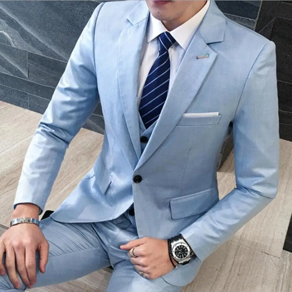 Korean Business Casual Suit Three-piece Blazer   Vest   Trousers Set Simple Solid Color Grooms Wedding Party Clothing