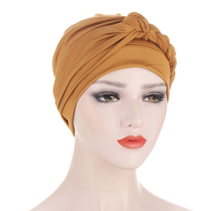 New Fashion 2021 Side Braid Turban Hat Solid Color Women Winter Headscarf Bonnet Lnner Hijabs Cap Muslim Hijab Femme Wrap Head