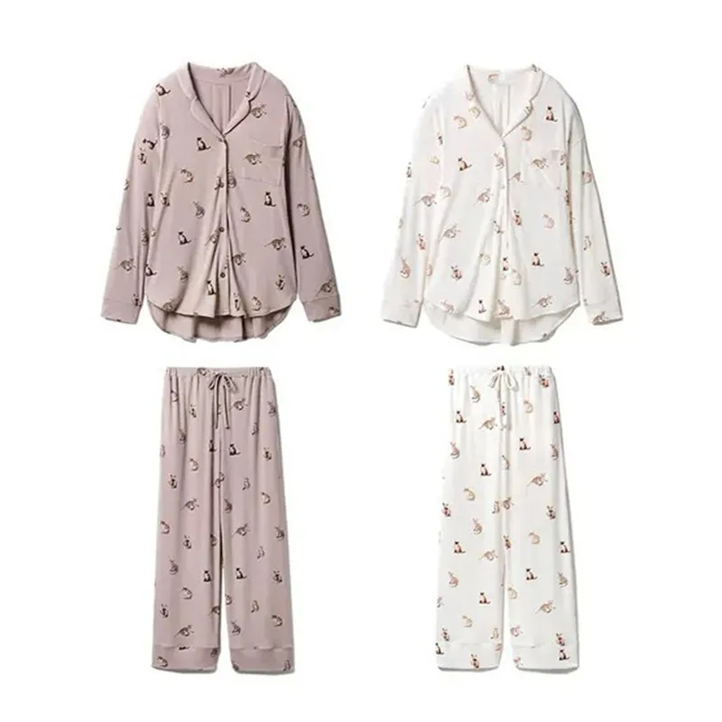 

Japanese Korean Modal Cat Printed Cute Plus Size Schlafanzug Shirt Sleeping Wear Set for Women Cartoon Sleepwear Pyjama Long
