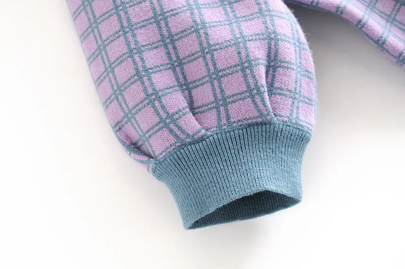 Женский винтажный хлопковый свитер Bazaleas фиолетовый синий клетчатый пуловер с