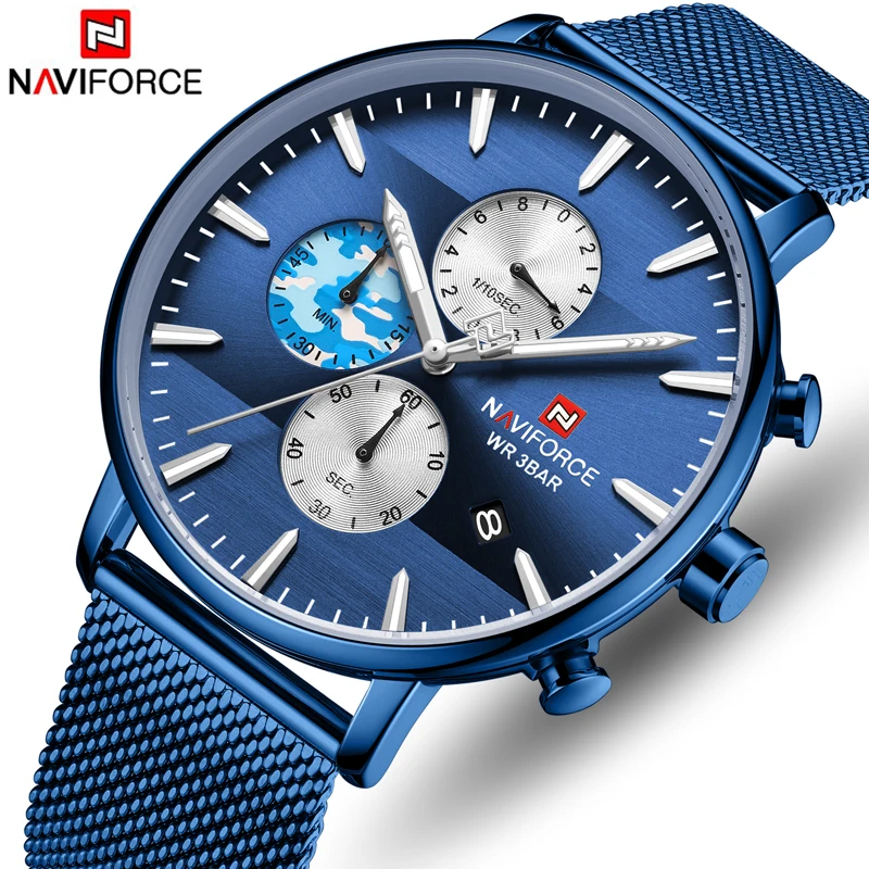 

Часы наручные NAVIFORCE Мужские кварцевые, брендовые модные роскошные спортивные водонепроницаемые с хронографом из нержавеющей стали, синие
