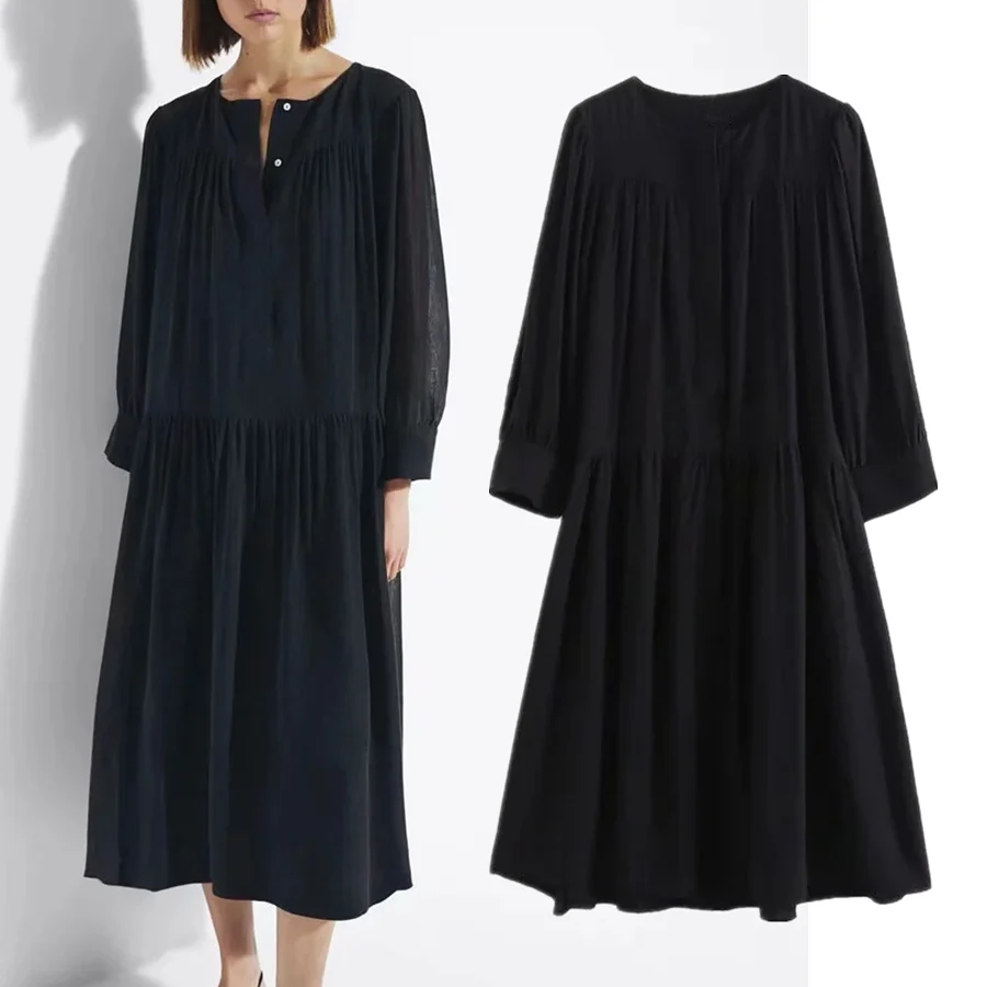 

Платье женское Плиссированное средней длины, свободное Черное вечернее праздничное платье в винтажном стиле инди, с О-образным вырезом, оде...