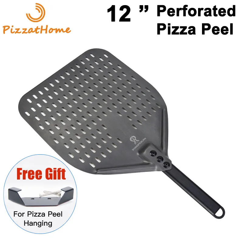 

PizzAtHome 12 13 Inch Perforated Pizza Peel Rectangular Pizza Shovel Aluminum Hard Coating Turning Peel Paddle Short Pizza Tool