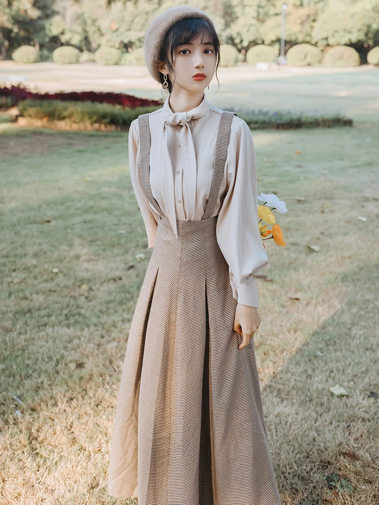 Новинка 2019 модная женская одежда клетчатое ретро платье комплект из двух