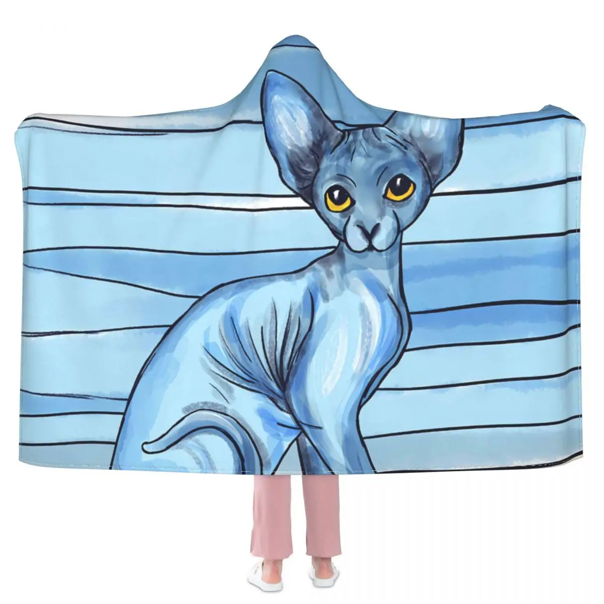 

Голубое акварельное одеяло с капюшоном в виде кота сфинкса, 3d-одеяло с полным рисунком для взрослых и детей