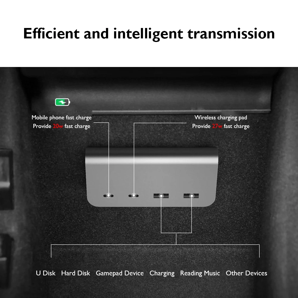 

4 in 1 Aluminum Alloy USB Hub Center Console Adapter with 2 USB A + 2 USB C Ports for Tesla Model 3 Y Accessories