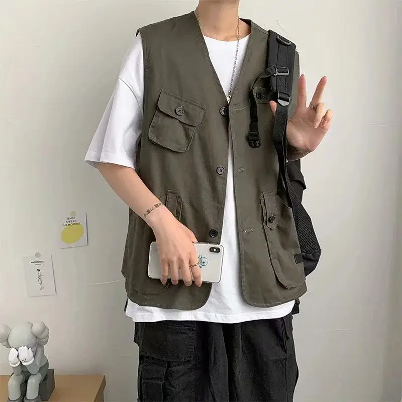 

Hong Kong style trend Multi Pocket Vest men's summer Japanese casual loose sleeveless jacket vest versatile jacket