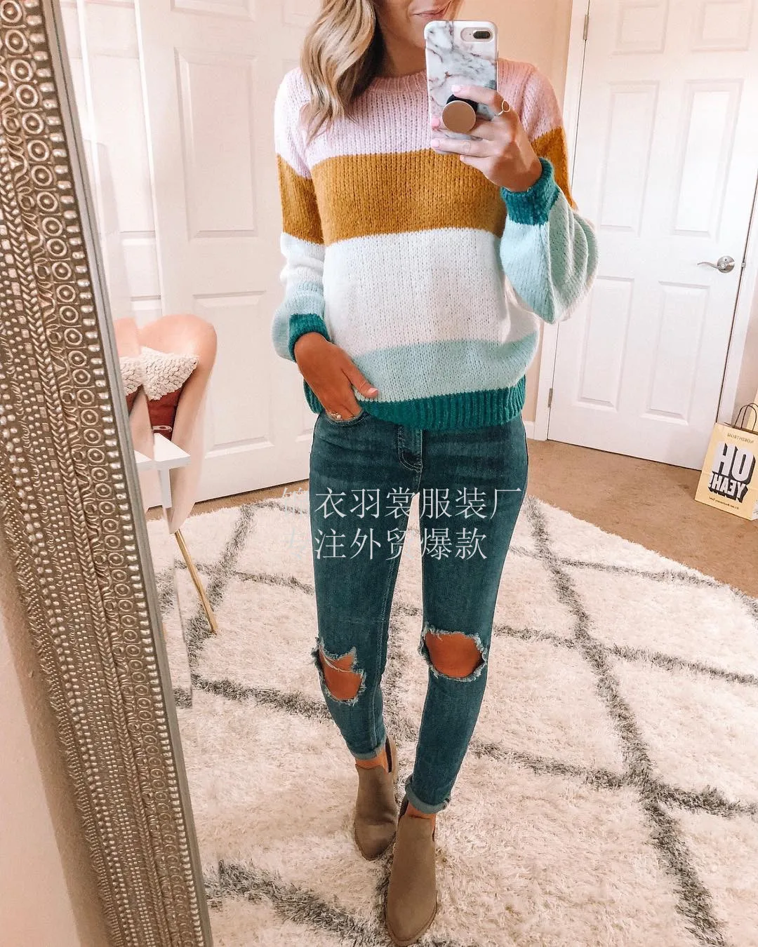 Осень 2020 Европа и США Ins свитер трикотаж популярный Сращивание вязаный женский