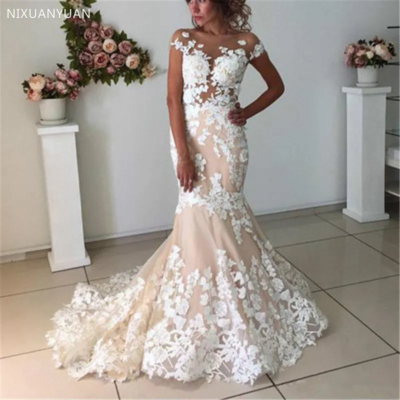 

Cap Sleeve Wedding Dresses 2021 Vestido De Novia Lace Appliques Vintage Mermaid Bridal Wedding Gowns Illusion Top Robe De Mariee