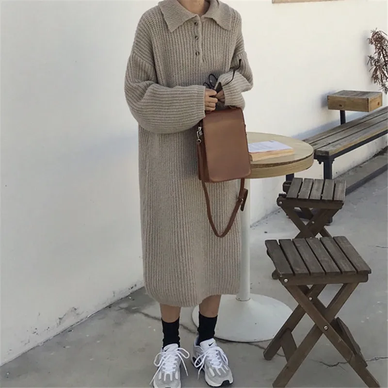 

Женское Трикотажное Платье Bella philosophy, свободное винтажное платье-свитер, повседневное теплое длинное платье макси на осень и зиму