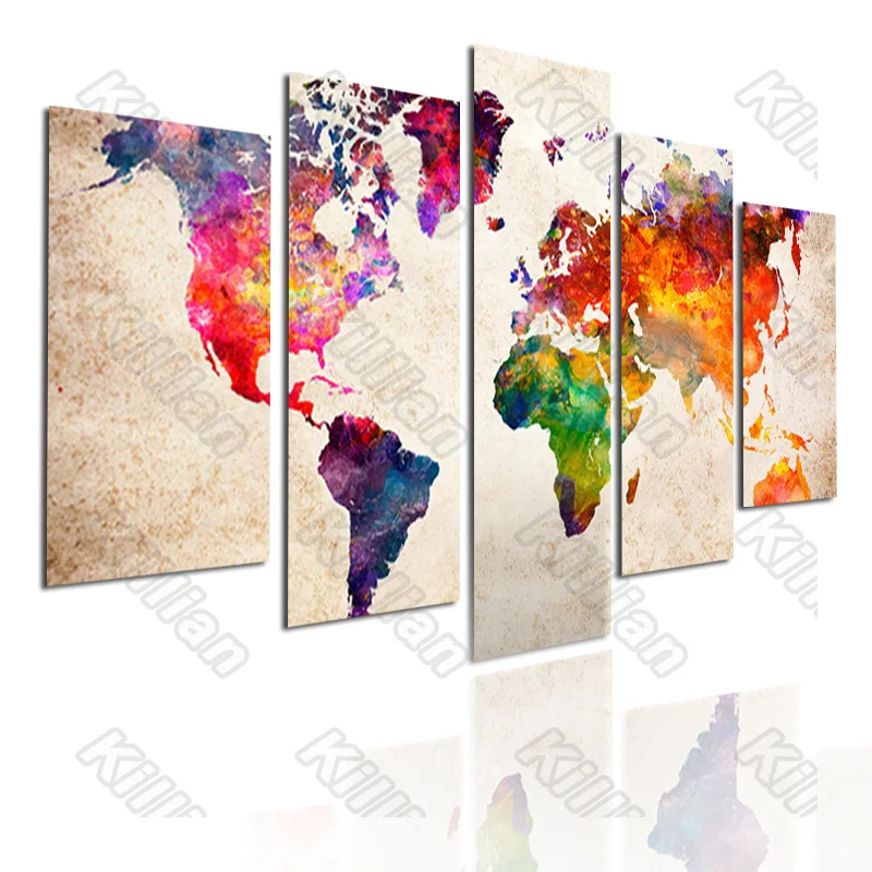 

Modern Style Mural Canvas Paintings Modular Bed Home Decor Prints 5 Pieces Color Continent Map Poster Living Room Wall Fresco
