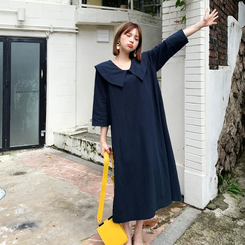 

Korean Ins Early Spring New Retro Sailor Collar Sweet Cute Anti-Aging Loose Mid-Length Solid Color Dress for Women