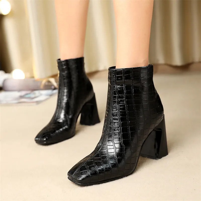 

ANNYMOLI Ankle Boots Women Shoes Zip Super High Heel Short Boots Square Toe Hoof Heels Ladies Boots Autumn Winter Brown Black
