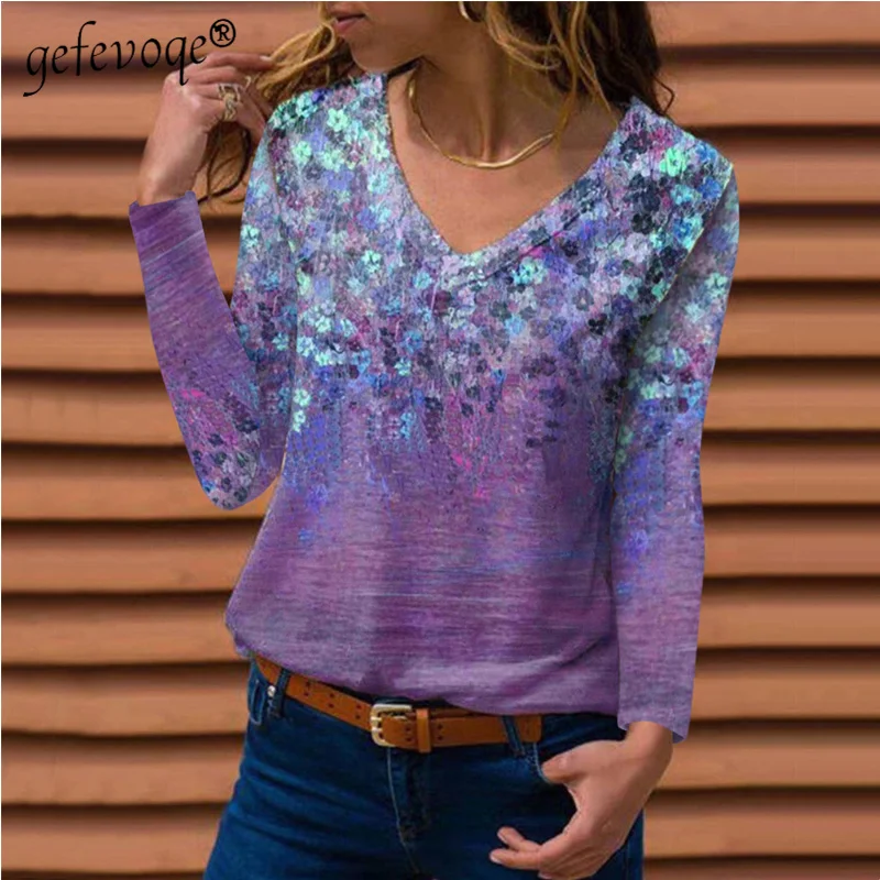 

Autumn Harajuku Floral Print Women T-Shirt Casual Long Sleeve Oversized Tops V-Neck Loose Pullovers Tee Shirts Clothes for Women