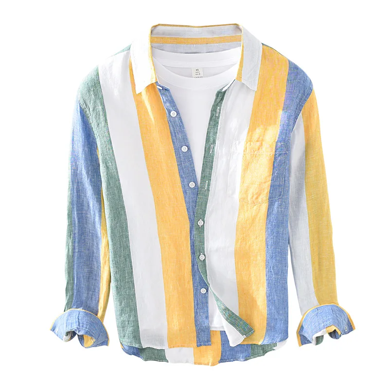 Men Clothing 2021 Men's Linen Long-sleeved Shirt Youth Art Fresh Loose Striped Lapel Shirt Camisas Para Hombre