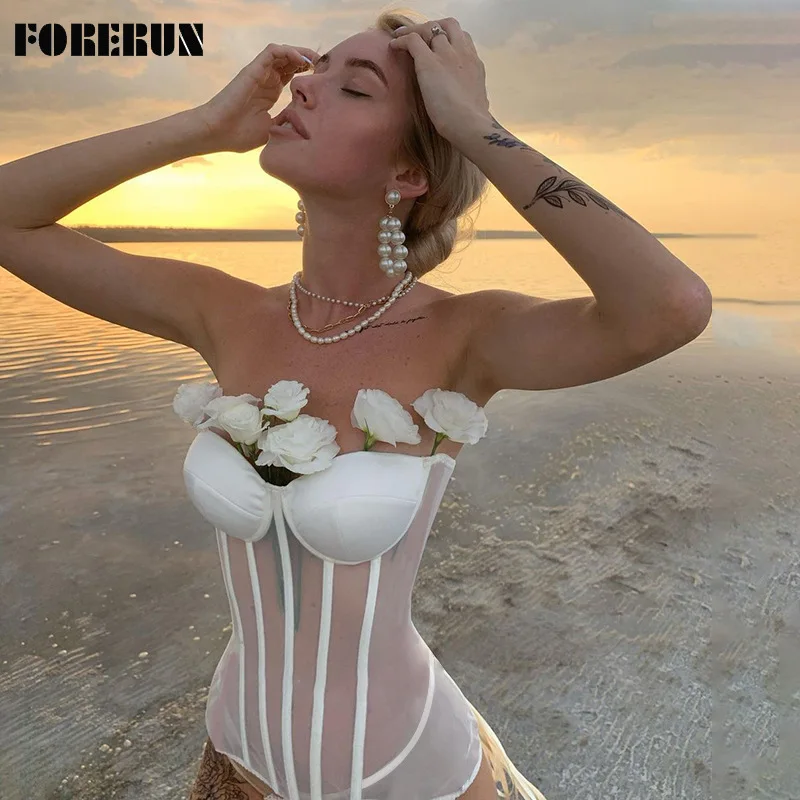

FORERUN Mesh Corset Top Women Sexy Solid See Through Strapless Bandage Skinny White Crop Top with Cups Aesthetic Dropshipping