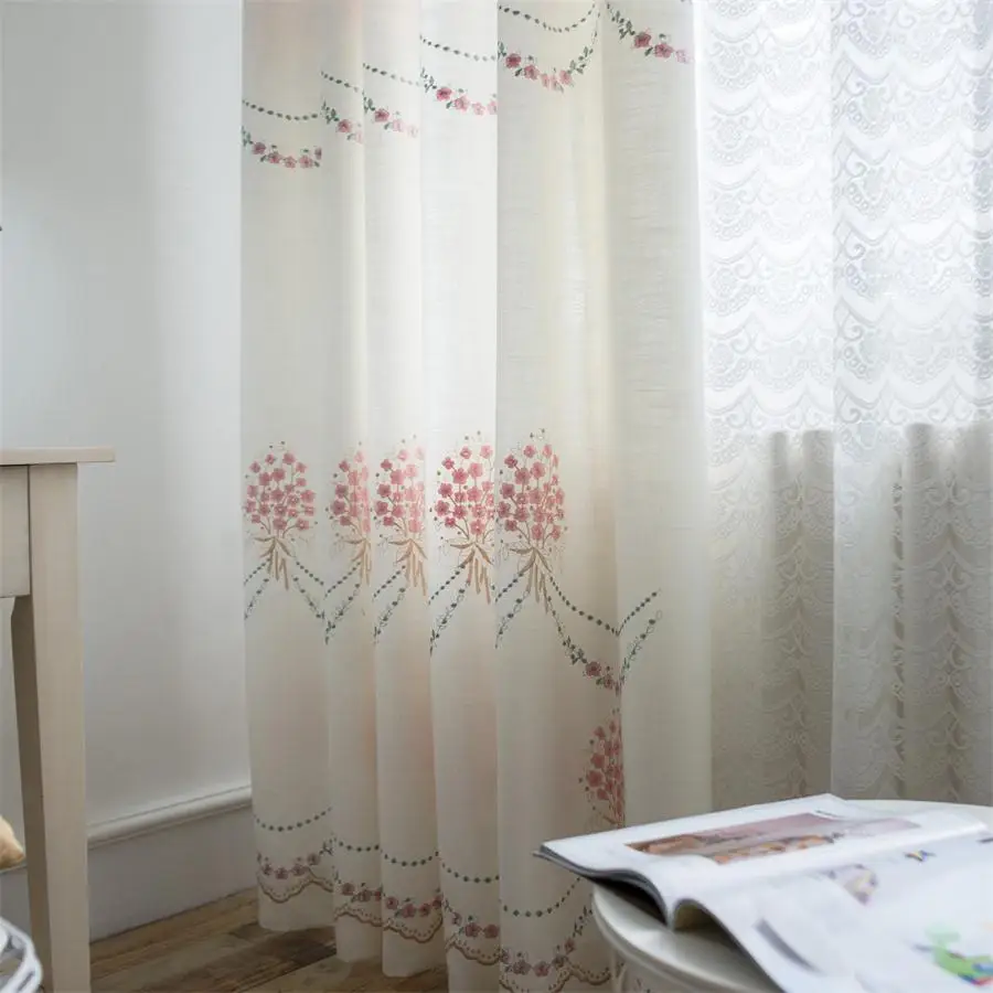 Роскошные розовые шторы с цветочной вышивкой затемняющие из хлопка и льна