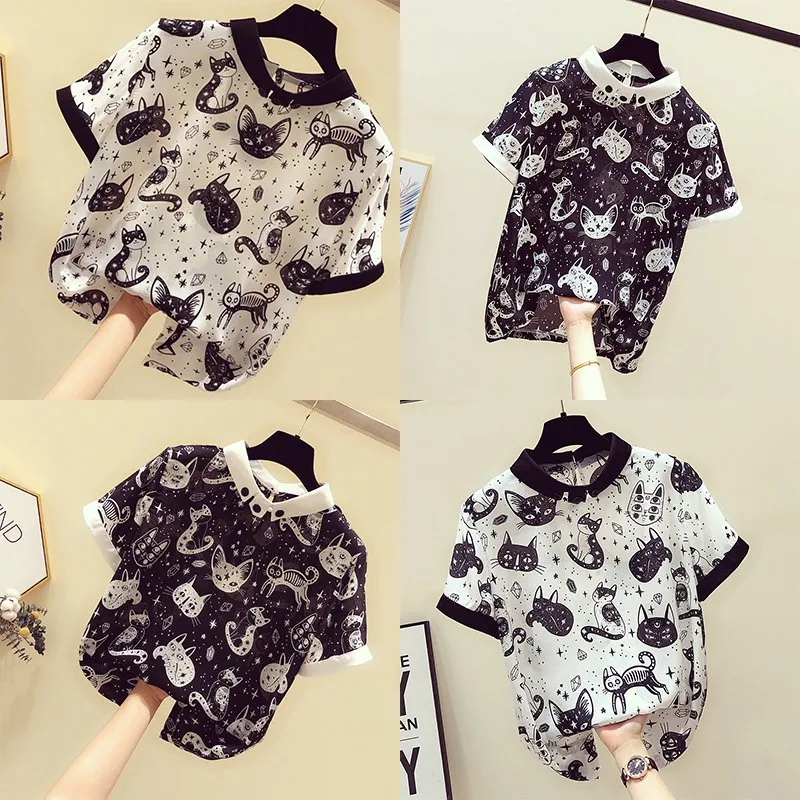 Для женщин Harajuku футболка с длинным рукавом лето элегантное платье с круглым воротником и рисунком кошки короткий рукав Футболка Повседневное футболка Kawaii верхняя одежда