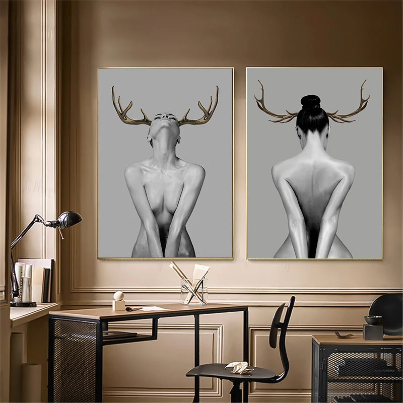 2 панели Современные Сексуальные Женщины Золотые олени оленьи рога Настенная