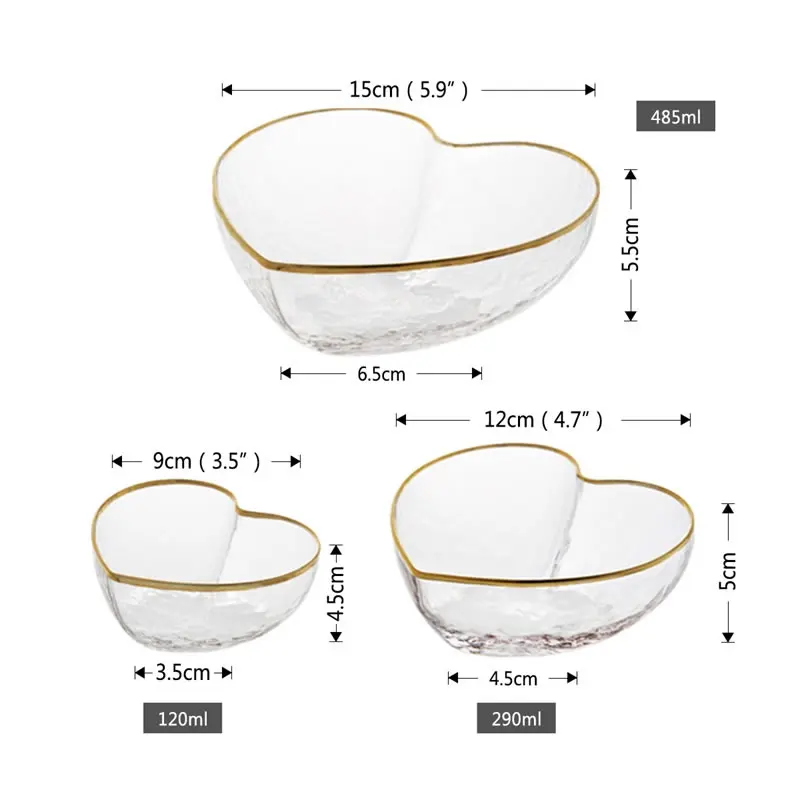 

Creative Glass Bowl Fruit Salad Bowl Noodle Rice Bowl Crystal Heart Shaped Golden Edge Glass Bowl Decoration Breakfast Tableware