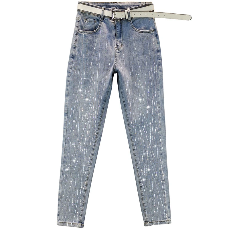 

Blue Jeans for Women 2021 Spring New High Waist Slim Heavy Embroidery Hot Drilling Skinny Denim Pencil Pants for Lady