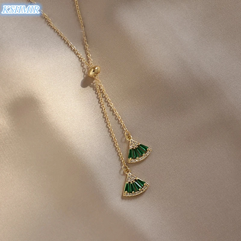 

2021 New Classic Green Crystal Fan Pendant Necklace For Woman Fashion Korean Jewelry Party Girl Sexy Collar Chain Necklace