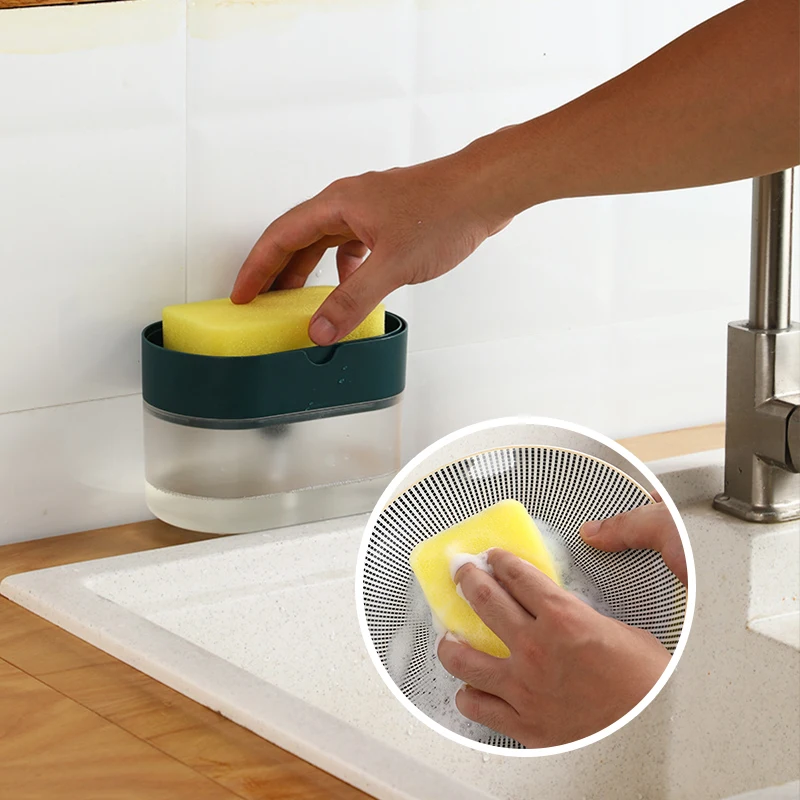2 in 1Kitchen Hand Press Soap Lye Storage Box Pump Dispenser Detergent Filling Injector Sponge Automatic |