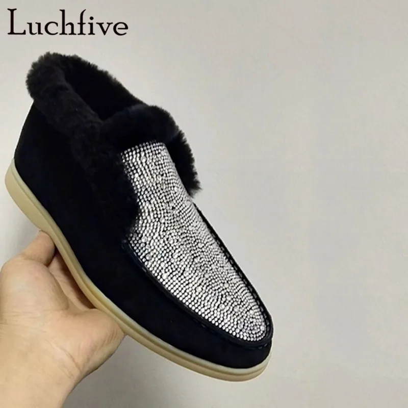 black with crystal Модные шерстяные зимние женские ботинки; обувь на плоской подошве с острым носком; женские ботинки без застежки; цвет бежевый, черный; Femme Runway; зимние ботинки - Цвет: black with crystal
