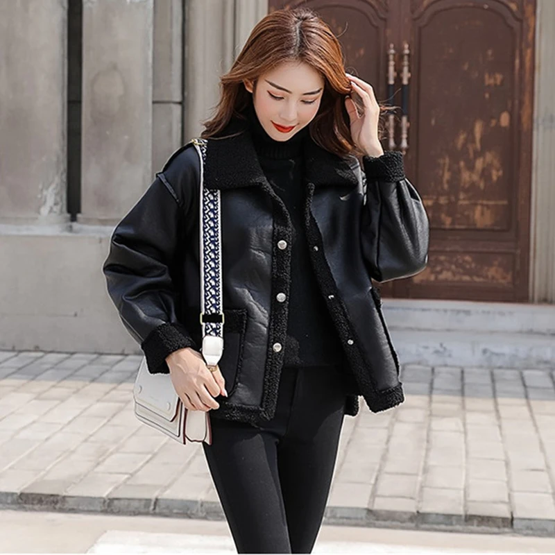 Женское кожаное пальто размера плюс зимнее короткое из искусственной овечьей