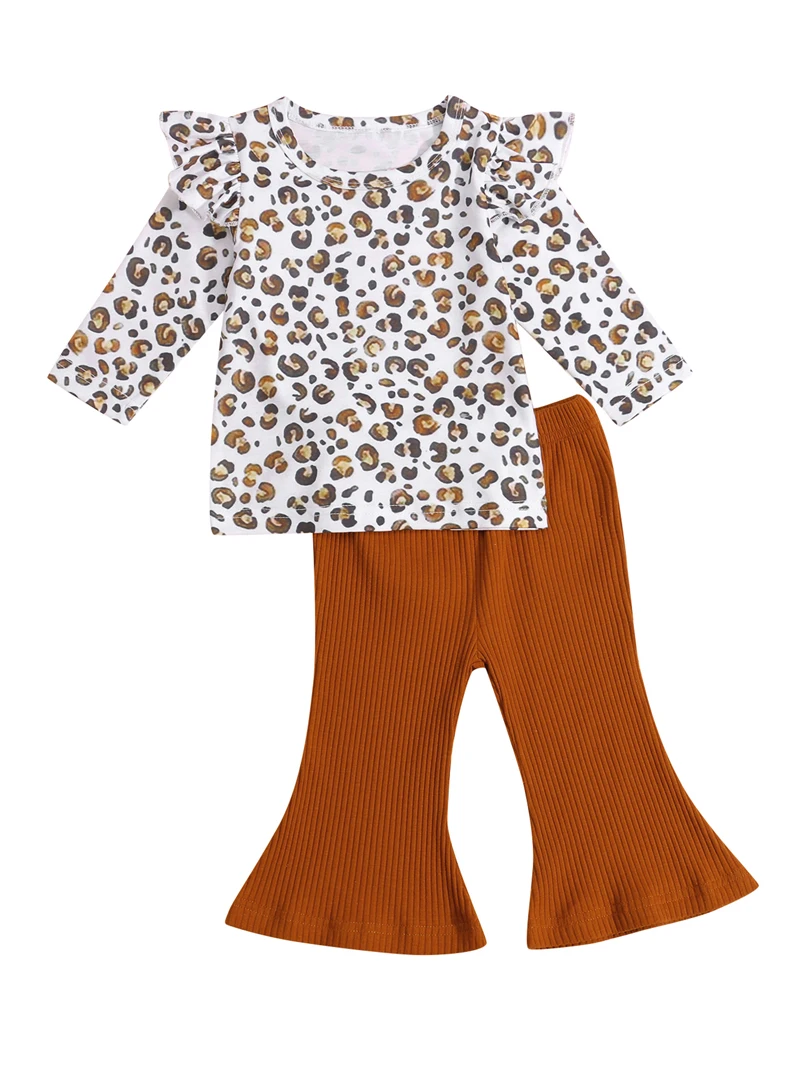 

Pudcoco 6M-4T 2Pcs Baby Boys Girls Ruffles Leopard Print Long Sleeve T-Shirt Tops+Flare Pants Loose Wide Leg Trousers Sets