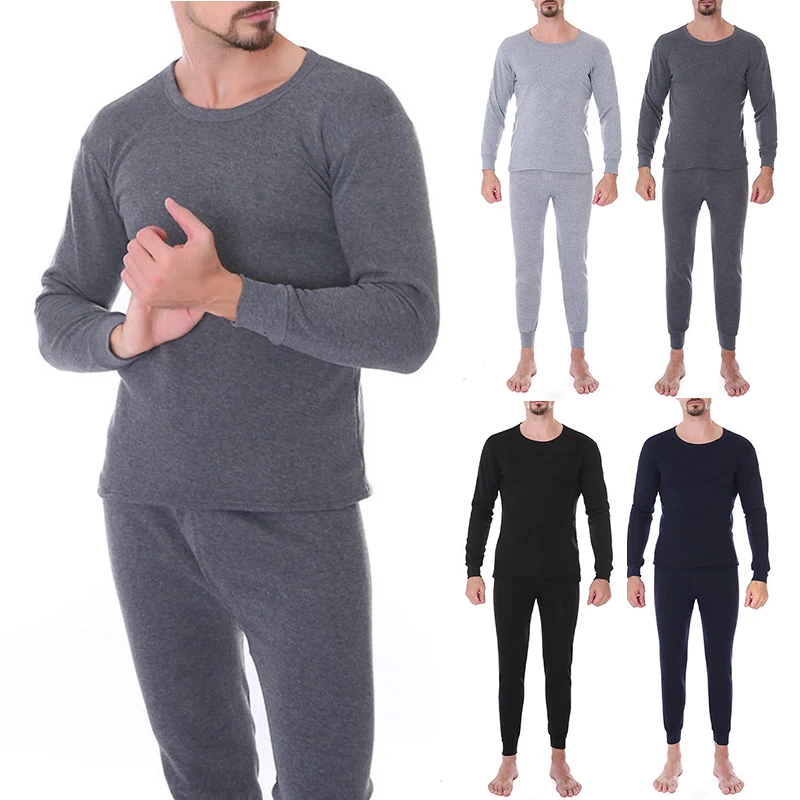 

Winter Thermal Underwear For Men Solid Color Keep Warm Underwear Set Sleepwear Men'S Long-Sleeved Round Neck Bottoming Shirt